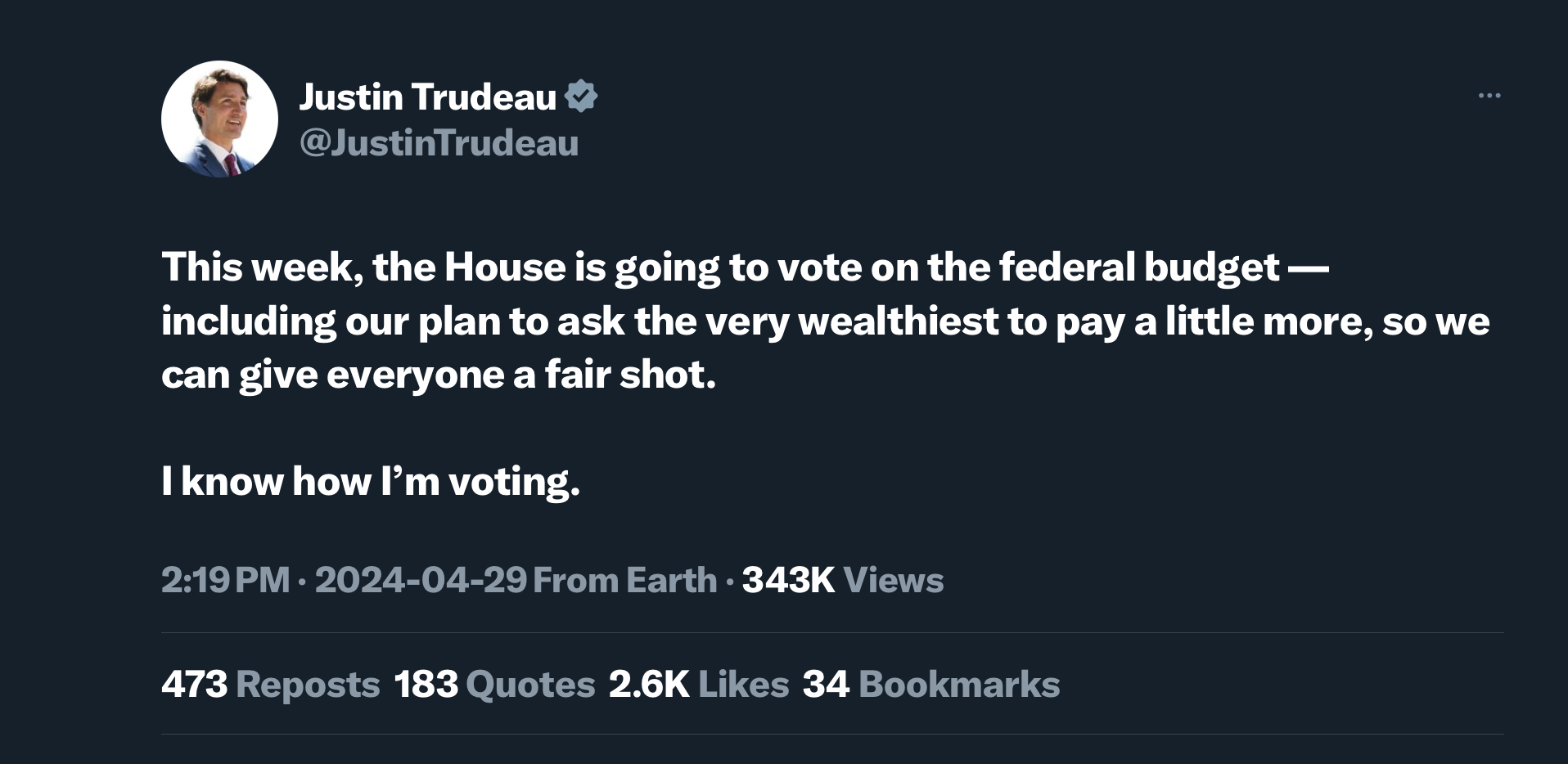 Tweet from PM Justin Trudeau dated April 29” 2024 Text: This week, the House is going to vote on the federal budget - including our plan to ask the very wealthiest to pay a little more, so we can give everyone a fair shot. I know how I’m voting.