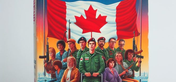 AI generated image of a 1970s style paperback with author Stephen King and title The Last Stand, over an illustration of diverse disabled people in a defensive formation holding up the Canadian flag