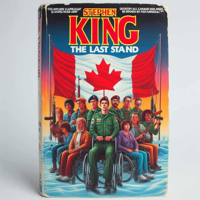 AI generated image of a 1970s style paperback with author Stephen King and title The Last Stand, over an illustration of diverse disabled people in a defensive formation holding up the Canadian flag