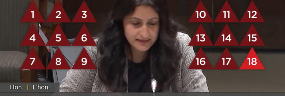 Screen cap of Kamal Khera at HUMA hearing April 30, 2024 grabbed from @DisabledVancity’s thread. Eighteen (18) red triangles are superimposed around her onscreen representing her lies and evasions to the committee.