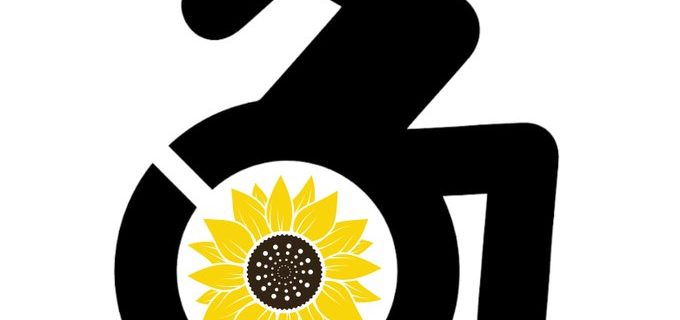 Logo featuring a yellow sunflower inside the wheel of a disability emoji, symbolizing both visible and invisible disabilities