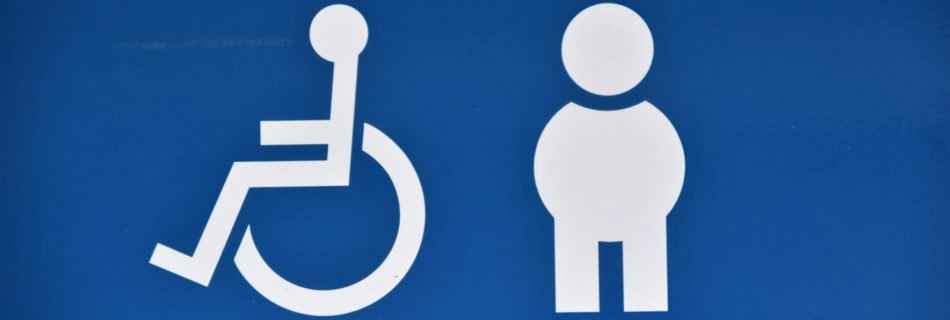 White text on blue background showing a disability emoji facing away from an emoji of a standing person